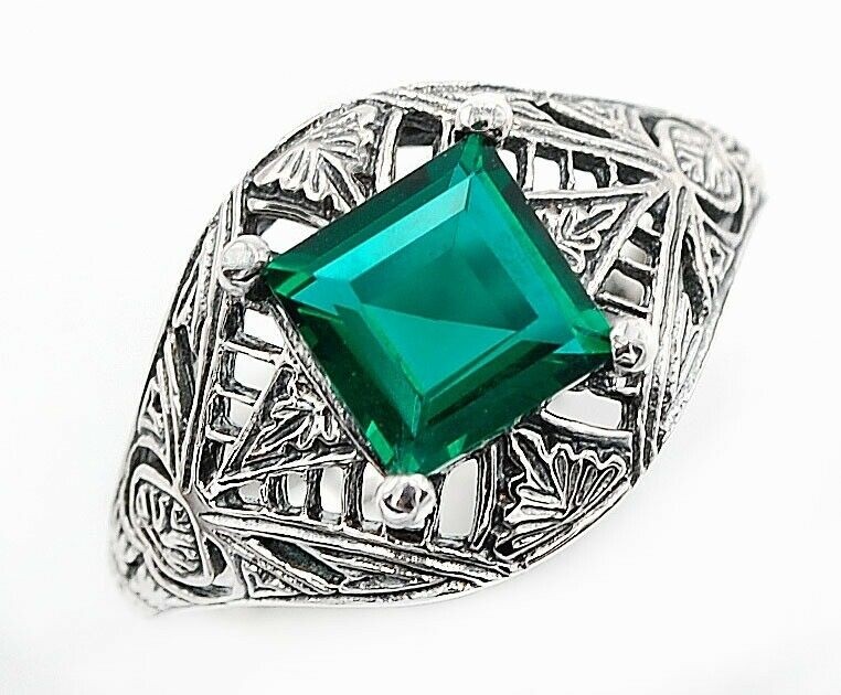 3CT Heat Treated Green Tourmaline 925 Sterling Silver Filigree Ring Sz 9 Z6-1