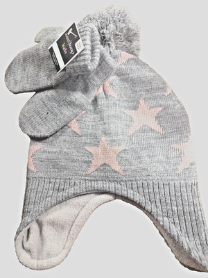 Hat & Mittens set Kids Girls West Loop Pink Gray   ( One SZ 4-8 yrs ) NEW