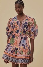 FARM RIO Seashell Tapestry Puff Sleeve Floral Mini Dress Sz XL NWT