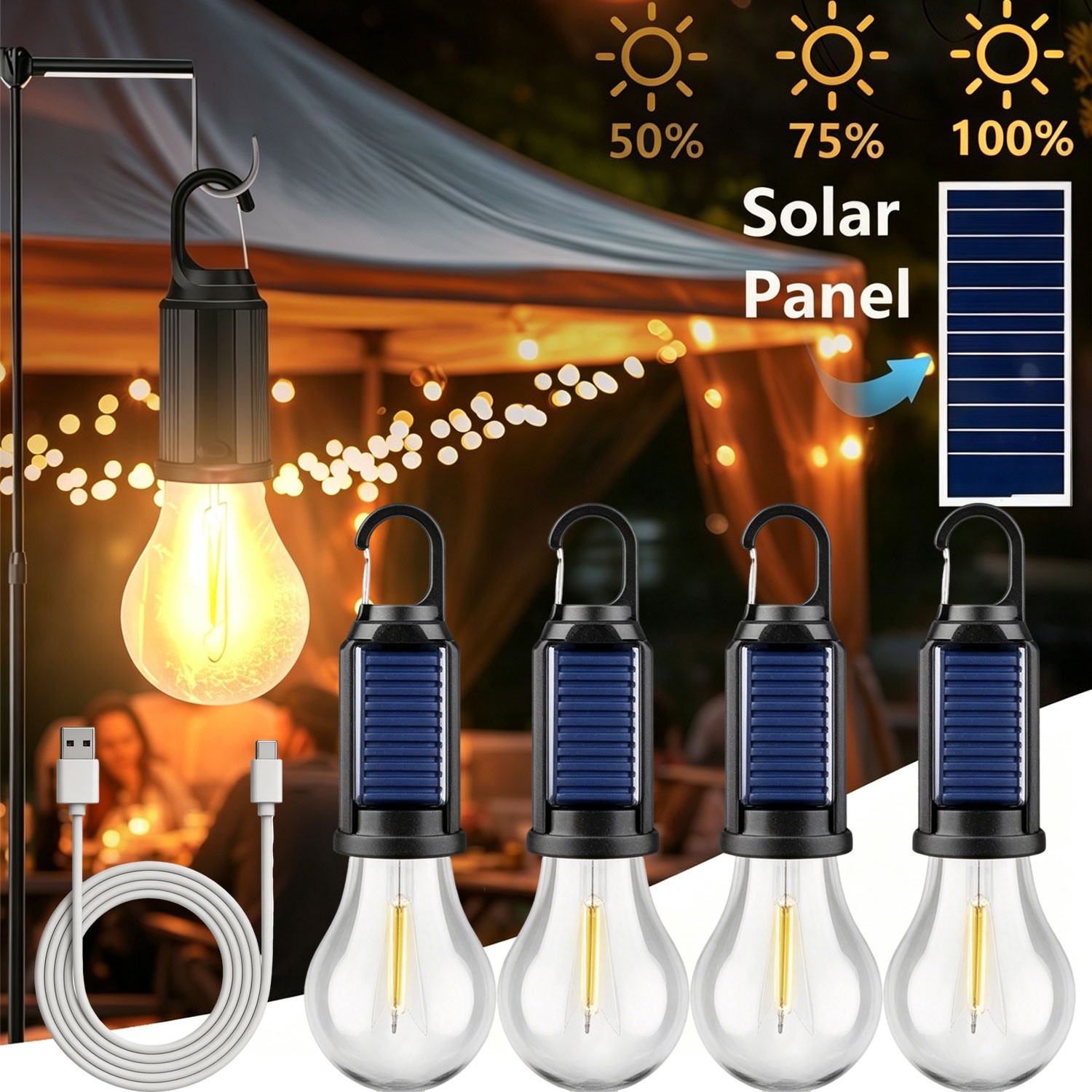 4x Solar Rechargeable Camping Light Outdoor 3 Modes Hanging Tent Waterproof Lamp