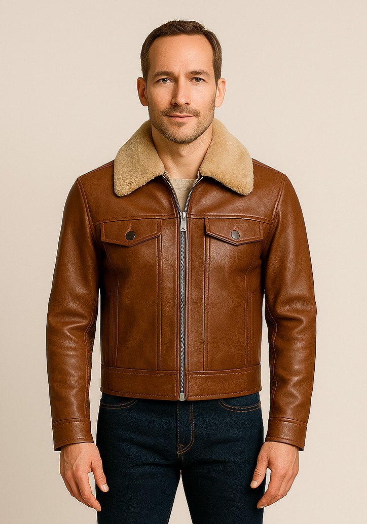 Men’s Classic Brown Real Leather Jacket  Shearling Collar Vintage Winter Coat