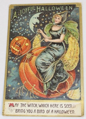 Antique Schmucker Halloween Postcard Beautiful Witch Rides JOL Squash Fantasy