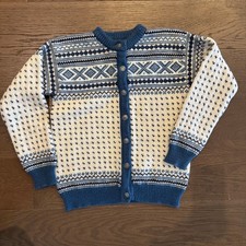 Dale of Norway Fair Isle Blue and Ivory Button-up 100 New Wool Cardigan Size 44