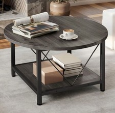 Round Coffee Table, Industrial 2-Tier Circle Wooden Center Table For Living Room