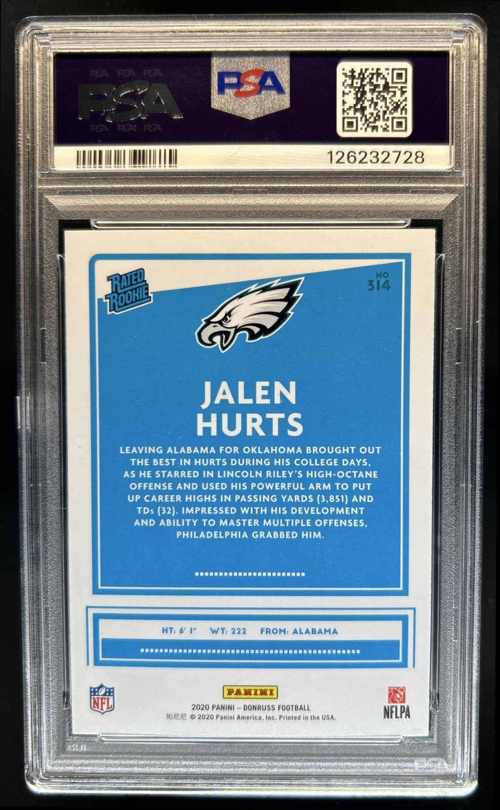2020 Panini Donruss Jalen Hurts Rookie RC #314 Eagles PSA 10 GEM MINT view 2
