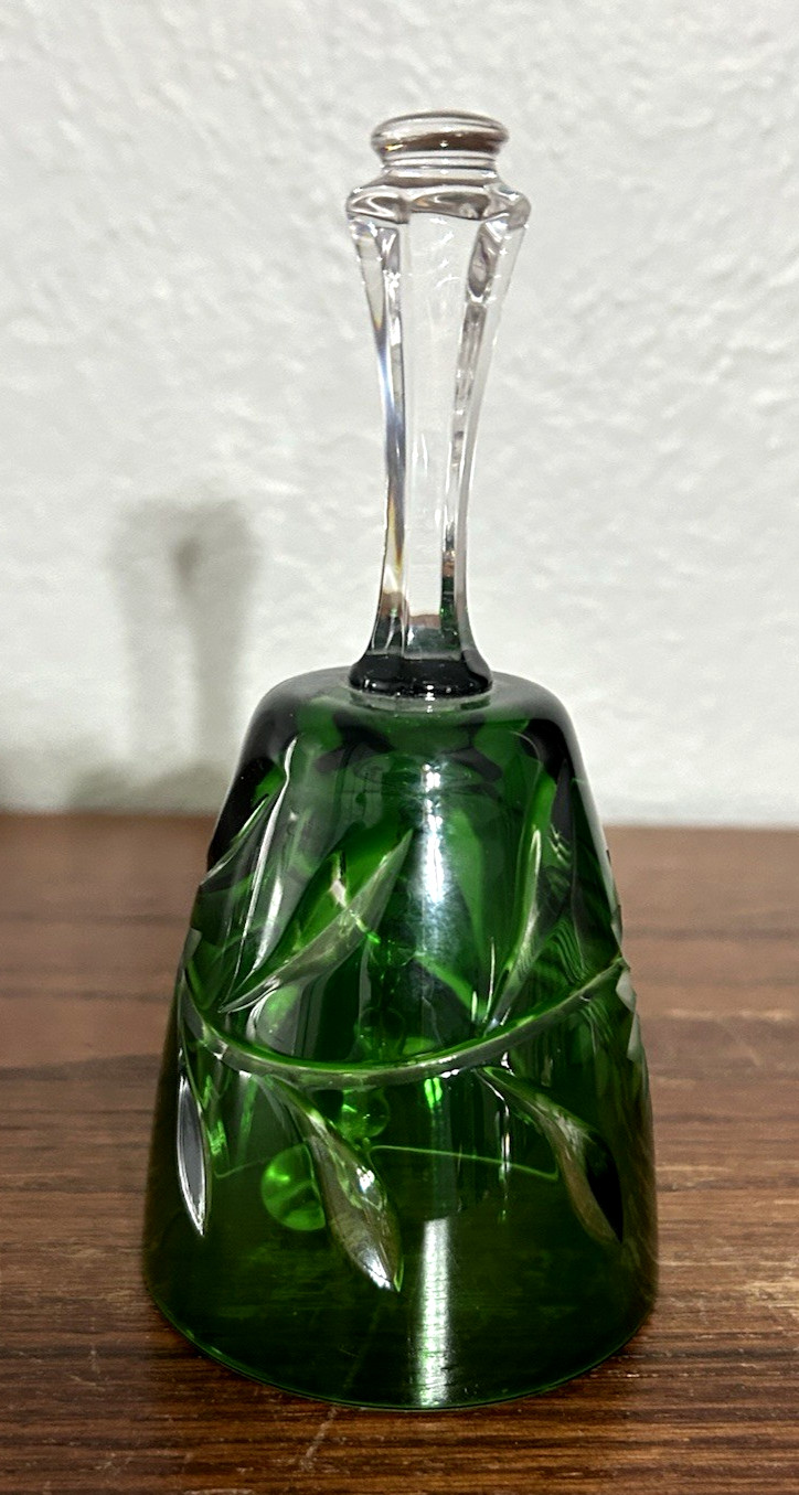Vintage Bohemian Green Cut to Clear Crystal Bell Rare Sunflower Pattern 5-1/8"