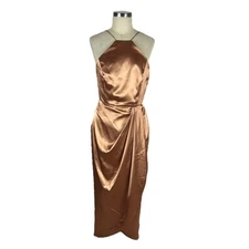 AFTER SIX 6829 Toffee Copper Straight Charmeuse Halter Midi Dress Size 10R NWT 