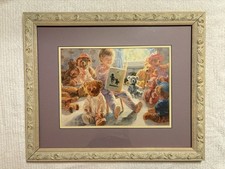 Vintage Framed Children  Teddy Bear Print   Ornate Cream Frame   Nursery Art