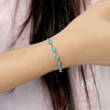 Natural Blue Turquoise Dainty Bracelet 18k Yellow Gold Women Birthday Gift