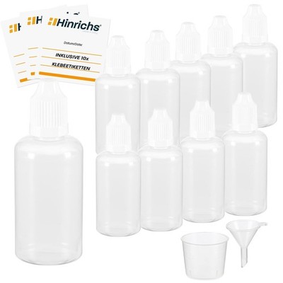 10 x 50ml Liquid Flaschen mit Trichter Messbecher und Etiketten Leere