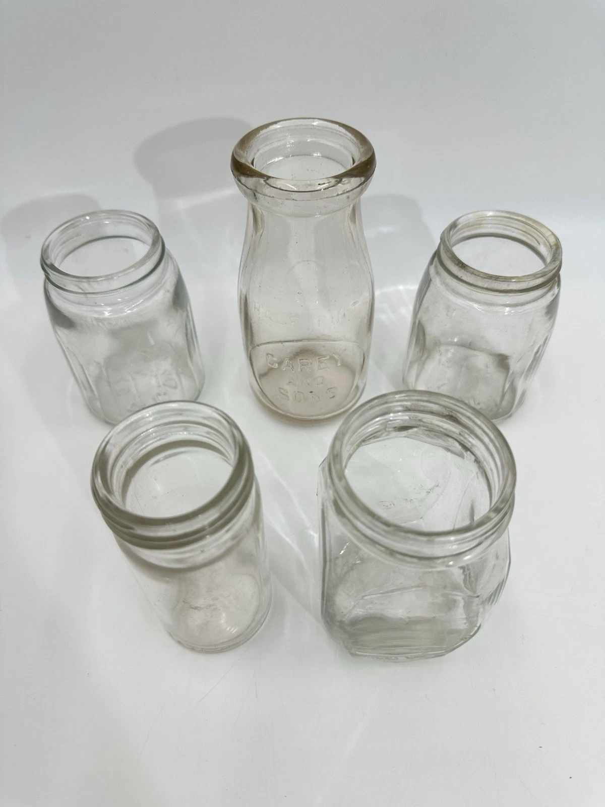 Antique Clear Glass Small Jelly Cream Mini Milk Jars 5 Piece Lot Carey & Sons