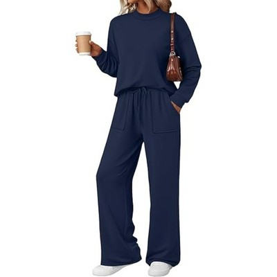 LILLUSORY Women's Two Piece Outfit Lounge Set SMALL Navy Mock Neck Tops Pants