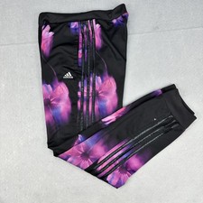 Adidas Track Pants Girls 16 Black Purple Floral Stripes Athletic Joggers AK4805