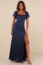 Lulus Women Ultimate Sweetness Satin Flutter Sleeve Maxi Dress Blue XS