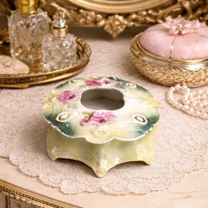 Antique RS Prussia Hair Receiver Pink Roses Green Porcelain Vanity Jar 4"