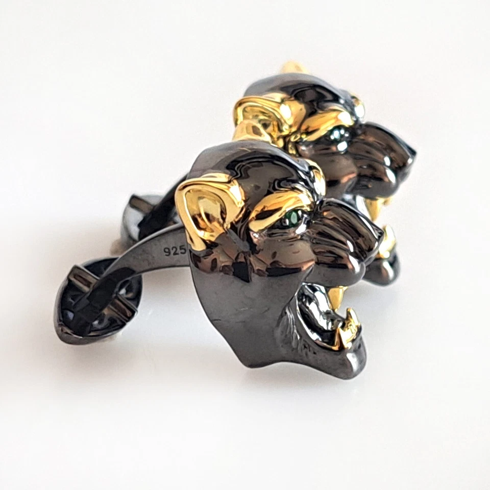 Abotoaduras de cabeça de pantera folheadas a ouro e preto prata esterlina olhos verdes - Imagem 3 de 4