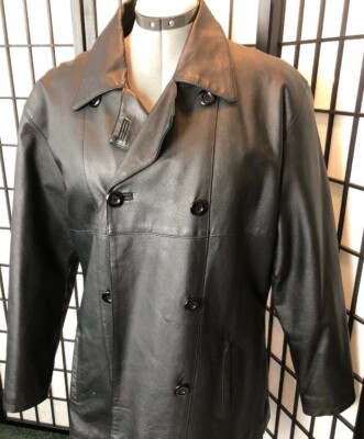 Vintage Middle Brook Womens Medium Leather Coat Knee Length Black Button Up