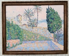 Vintage TROPICAL Landscape w WATER TOWER Pointilism Post IMPRESSIONISM Painting