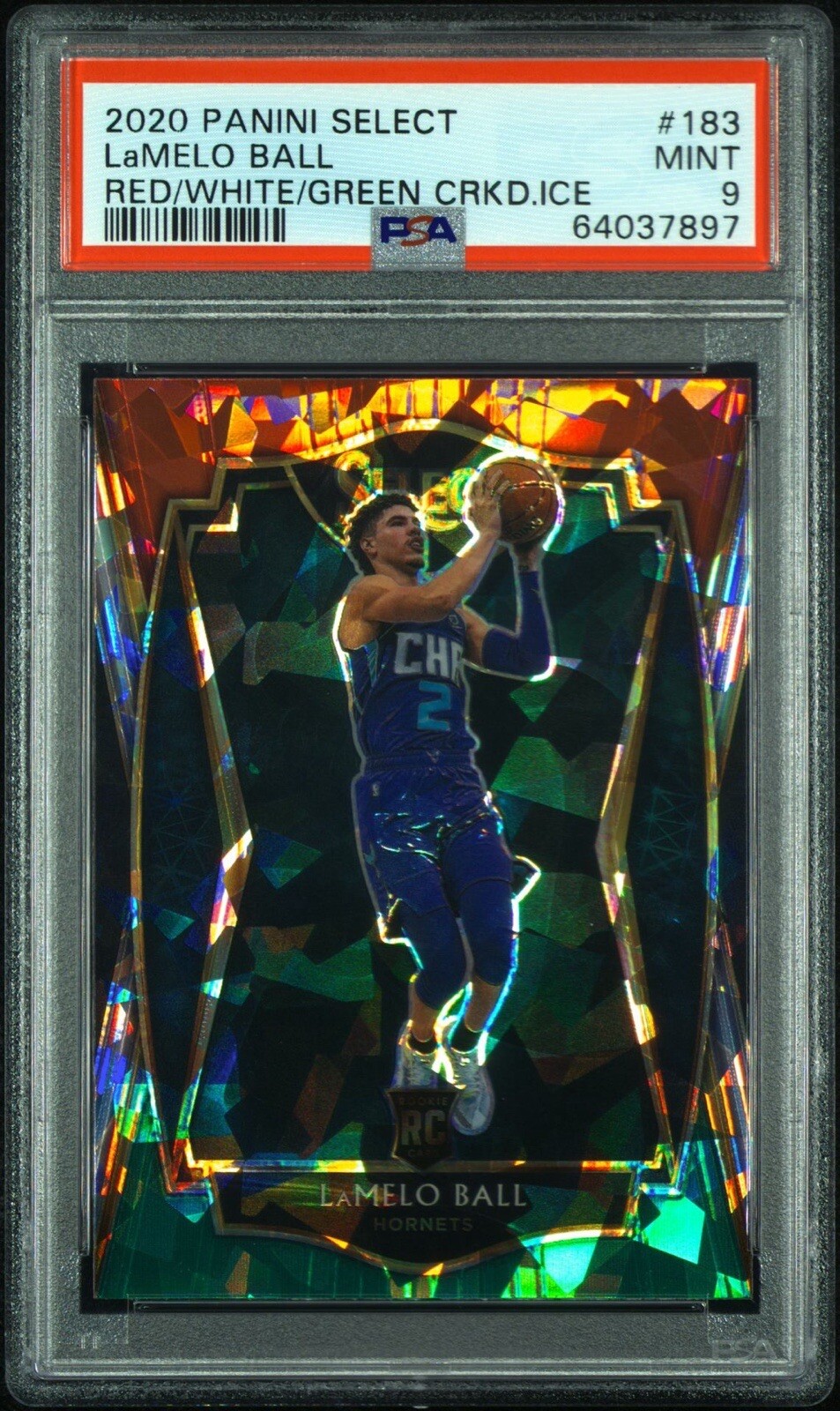 2020-21 Panini Select LAMELO BALL Red/White/Green Cracked Ice Prizm Premier PSA9
