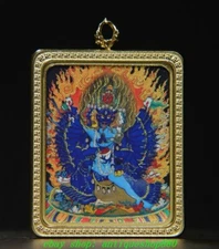 Old Tibet Bronze Painting Gilt Buddha Yamantaka Yama Dharmaraja Thangka Tangka