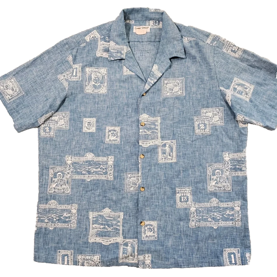 Camisa hawaiana vintage Cooke Street para hombre 2XL estampillas postales azul manga corta Foto 3 de 4