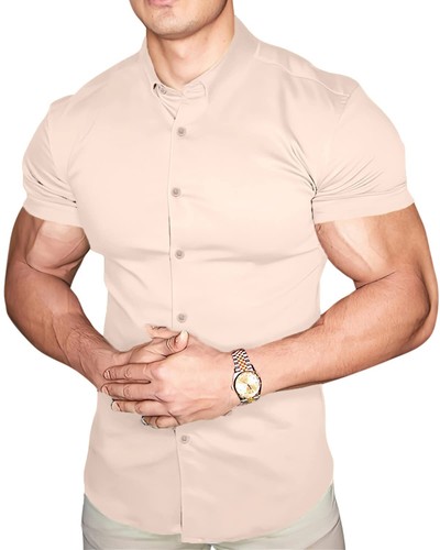 Casual Men's Muscle Fit Dress Shirts Short Sleeve Athletic Fit Button Down Sh... - Picture 4 of 6
