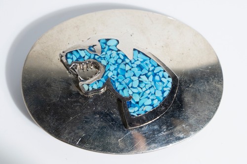 Blaue Intarsien silberfarbene Jaguar Katze Western Vintage Gürtelschnalle - Bild 2 von 5