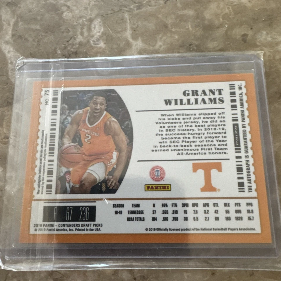 2019 Panini Contenders Optic Grant Williams Rare Card  Auto RC Orange Jersey - Image 2 of 2