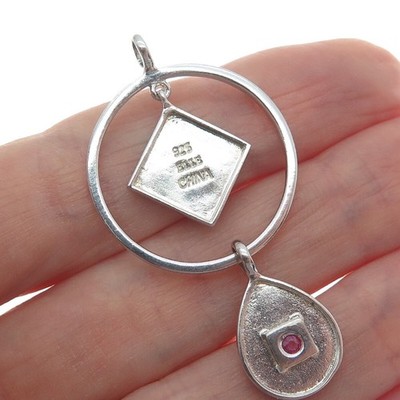 ELLE 925 Sterling Silver Vintage Real Ruby Gem Modernist Geometric Pendant