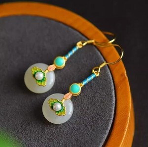 Authentic White Jade Donut Earrings 18K Gold Plated Enamel Color Inlaid Pearl Earhook