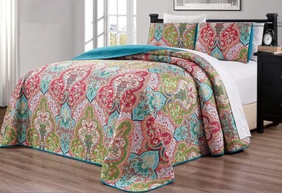 - 3-Piece Oversize (115 X 95) Fine Printed Prewashed Boho Decor Quilt Set Rev...