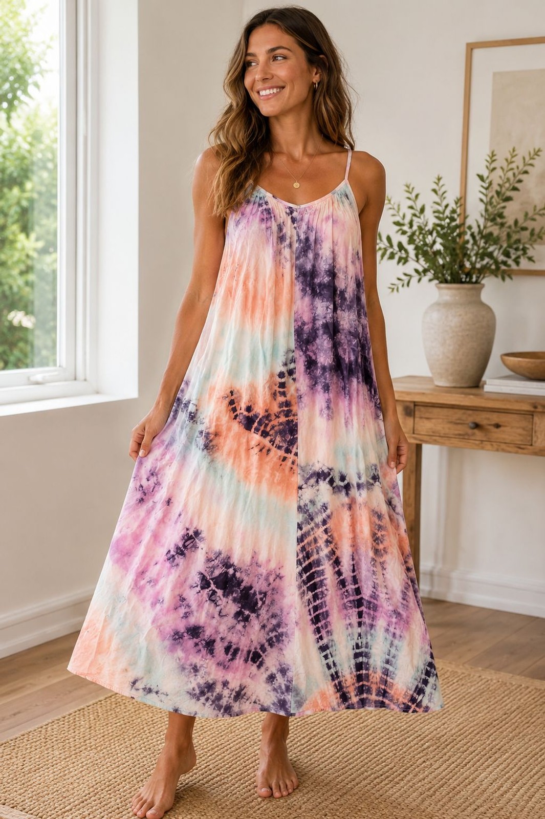 Love Stitch Tie Dye Maxi Dress Adjustable Straps Purple Pink Size S Boho Hippie