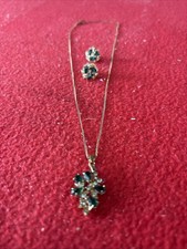 1B-Vintage Gold Plated Necklace Earrings 2 piece set Emerald Green Rhinestones