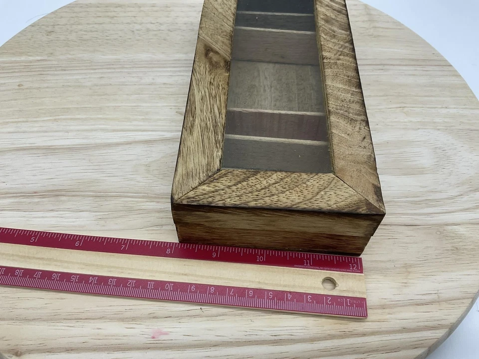 Wooden Tea Bag Organizer Box with Glass Lid Rustic Multi-Compartment Storage - Image 3 of 4