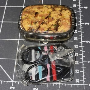 Vintage Mini Sewing Kit Compact UNUSED Silver Tone Design Travel Box