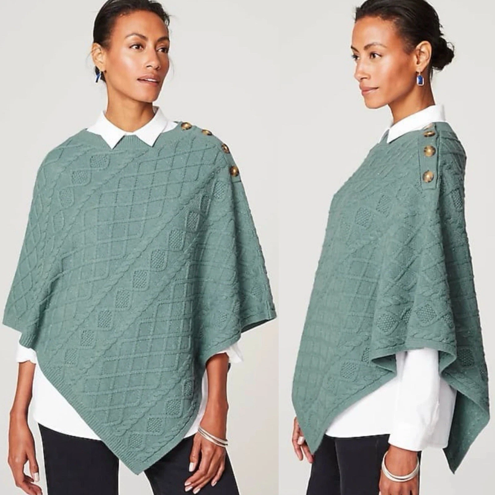 J.Jill Cozy Cable Knit Poncho Sz: S-L Asymmetric Heather Teal Boho Quiet Luxury