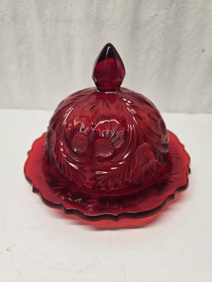 Mosser Glass Ruby Red Covered Butter/Cheese Dish Inverted Thistle Pattern