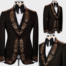 Beaded Men Crystals Suit Formal Jacket Shawl Lapel Regular Fit Wedding Party