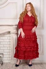 Elegantes rotes Boho Maxikleid mit Rüschen & Spitze – Vintage Look, Langarm