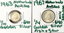 Netherlands Antilles Coin Lot - 1967 1/4 Gulden , 1963 1/10 World Silver Coin