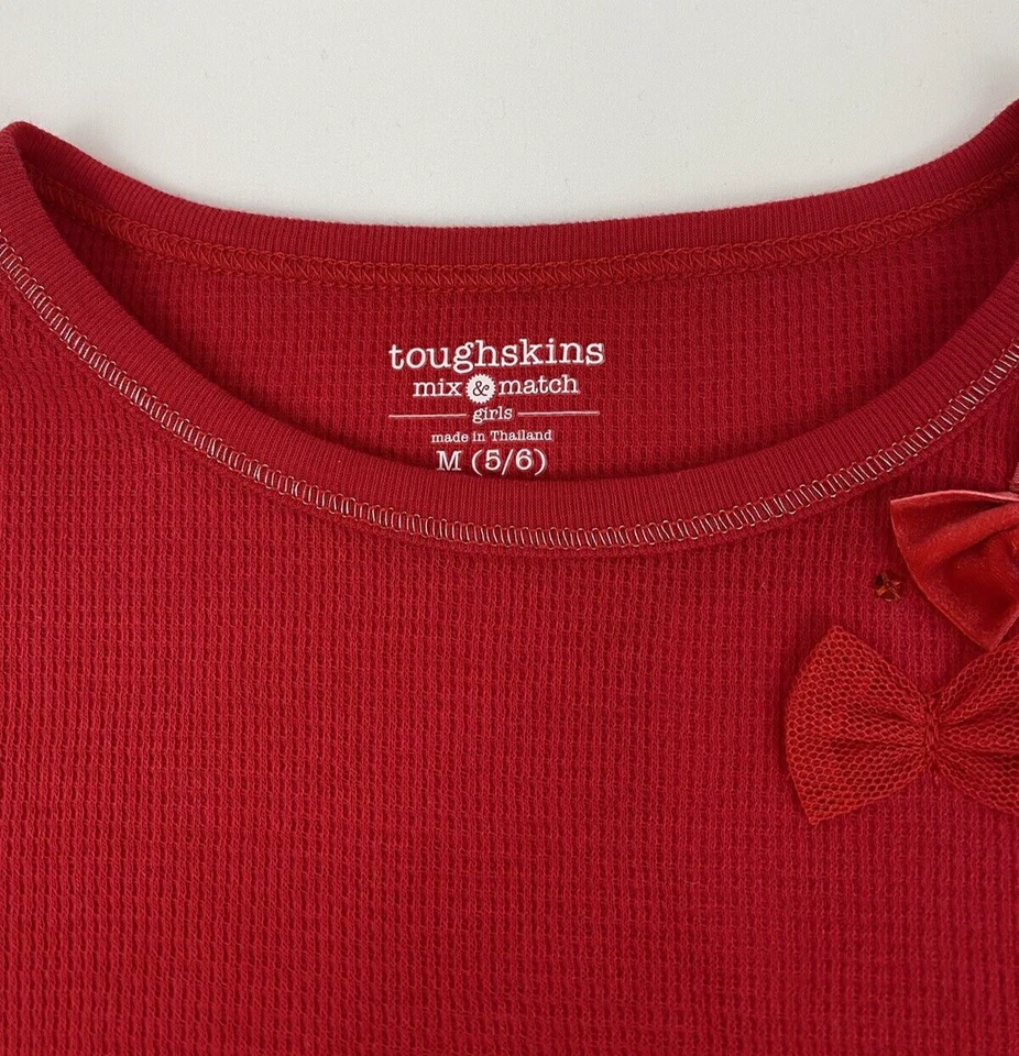 Toughskins Youth Girls Lg. Top manga tejido gofre con lazos y lentejuelas rojo talla M 5/6 Foto 4 de 4