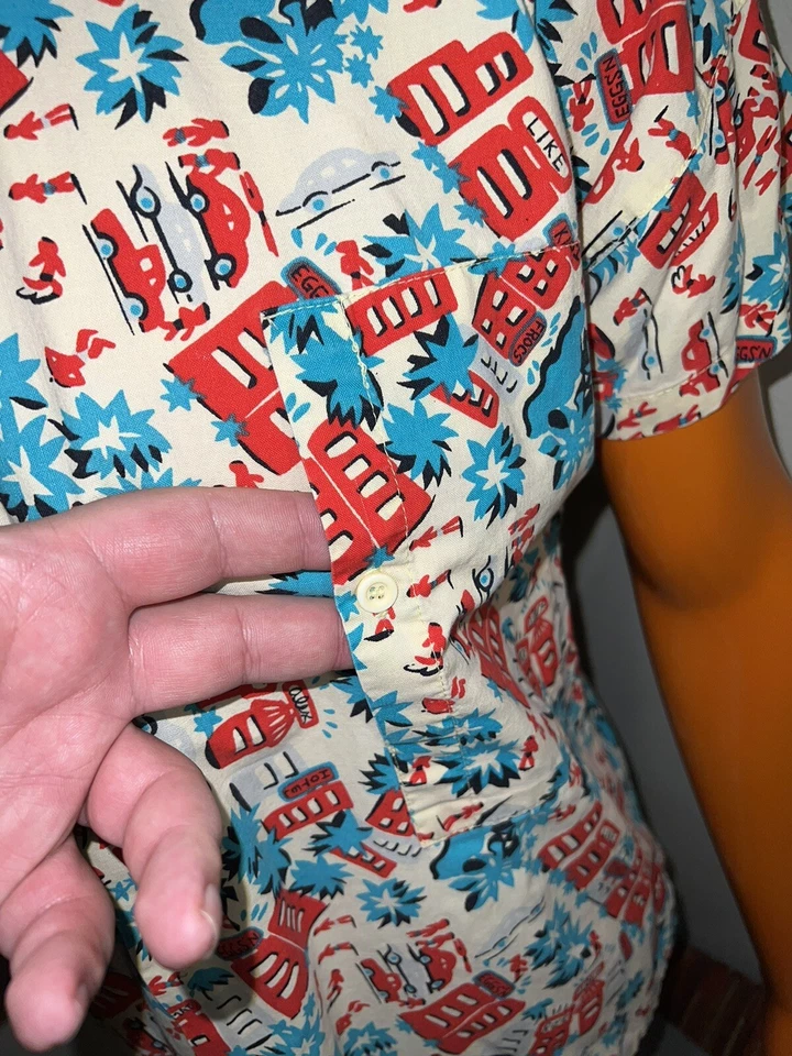 A8 Vintage Ocean Pacific OP Hawaiian Shirt All Over Print City Scene Mens L Rare - Image 4 of 4