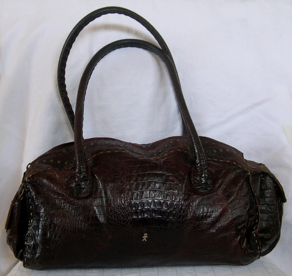 Bolso de cuero HENRY BEGUELIN marrón chocolate envejecido cocodrilo en relieve. Foto 4 de 4