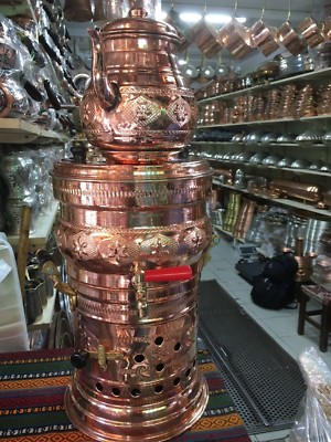 Turkish Handmade Copper Teapot Set Charcoal Samovar Double Kettle Tea Semaver