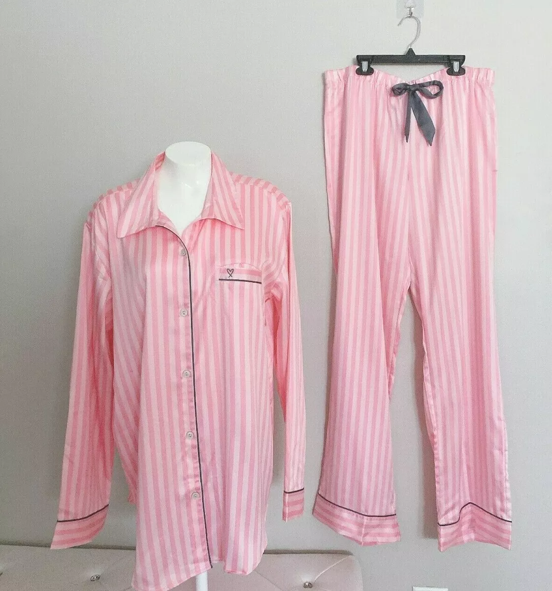 $90 Victoria Secret Satin Afterhours Pajama PJ Set PINK ICONIC STRIPE S M L  XL