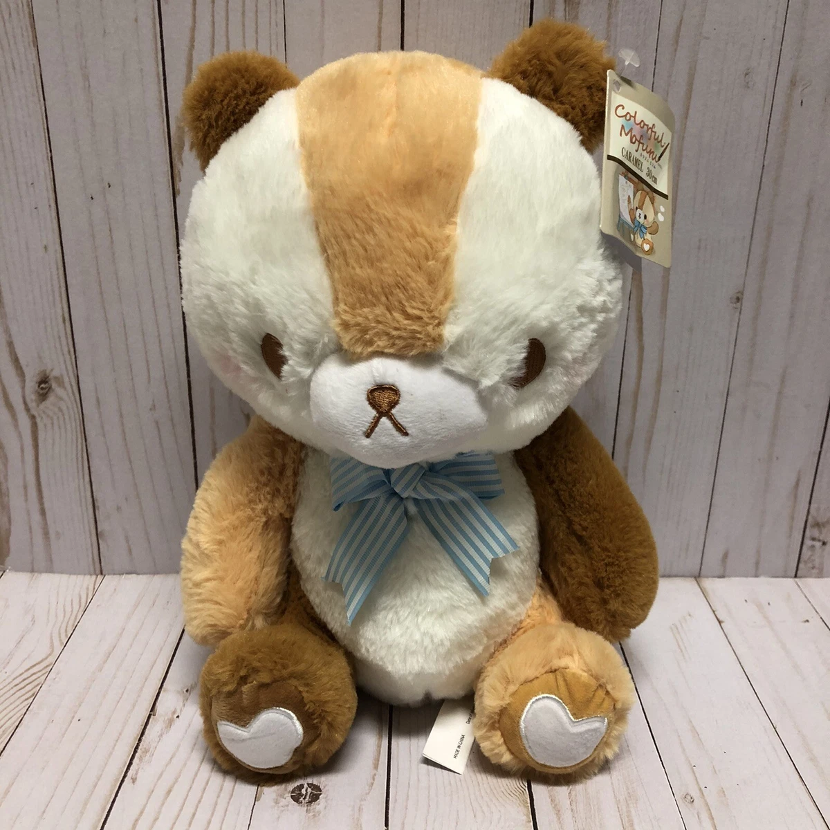 Caramel Teddy Bear Japanese Plush Stuffed Animal 12 Inch Blue Bow Heart Paws