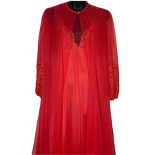 Vintage Sears Lingerie Red Sheer Lace Chemise Robe 2Pc Size 32-34 Small 4/6