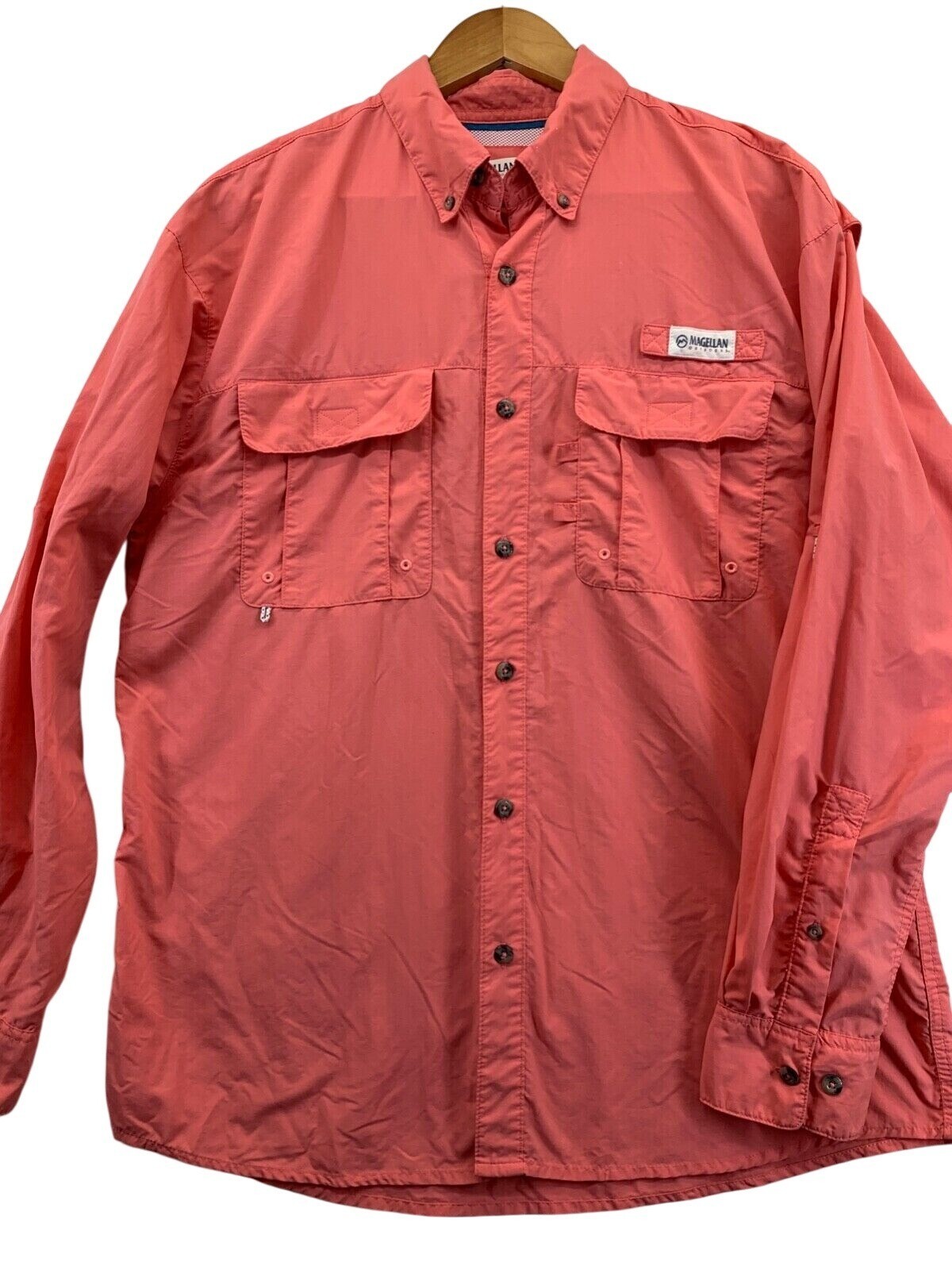 Magellan Mens Button Shirt Sz M Nylon Salmon-Color Fish Gear Long Slv Outdoorsy