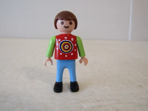 VINTAGE 1995 PLAYMOBIL KID FIGURE BROWN HAIR RED AND GREEN SHIRT