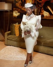 Long Sleeve Mermaid Wedding Dresses Pearls Ankle length African Bridal Dress